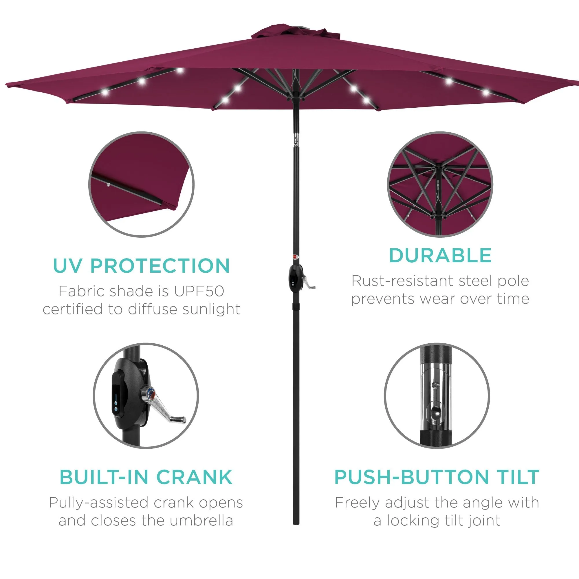 10ft Solar Patio Umbrella w/ USB Charger, Portable Power Bank