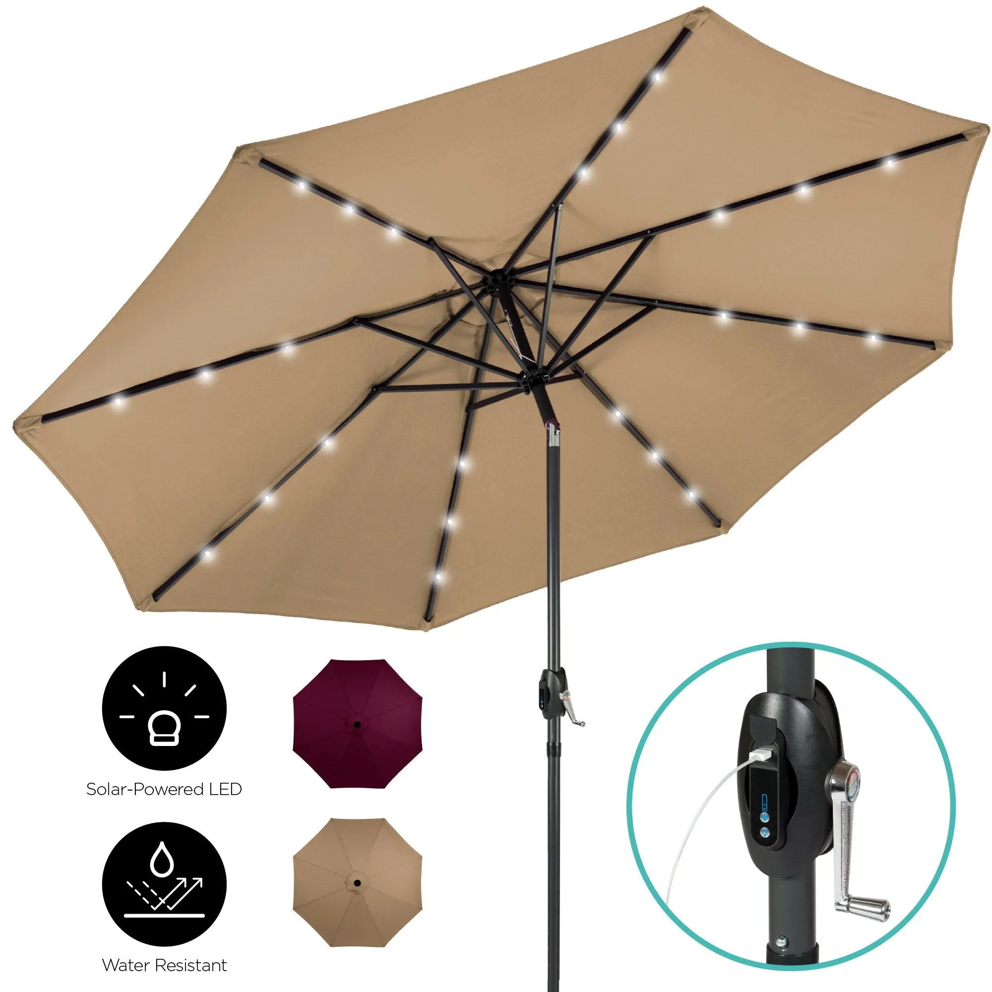 10ft Solar Patio Umbrella w/ USB Charger, Portable Power Bank