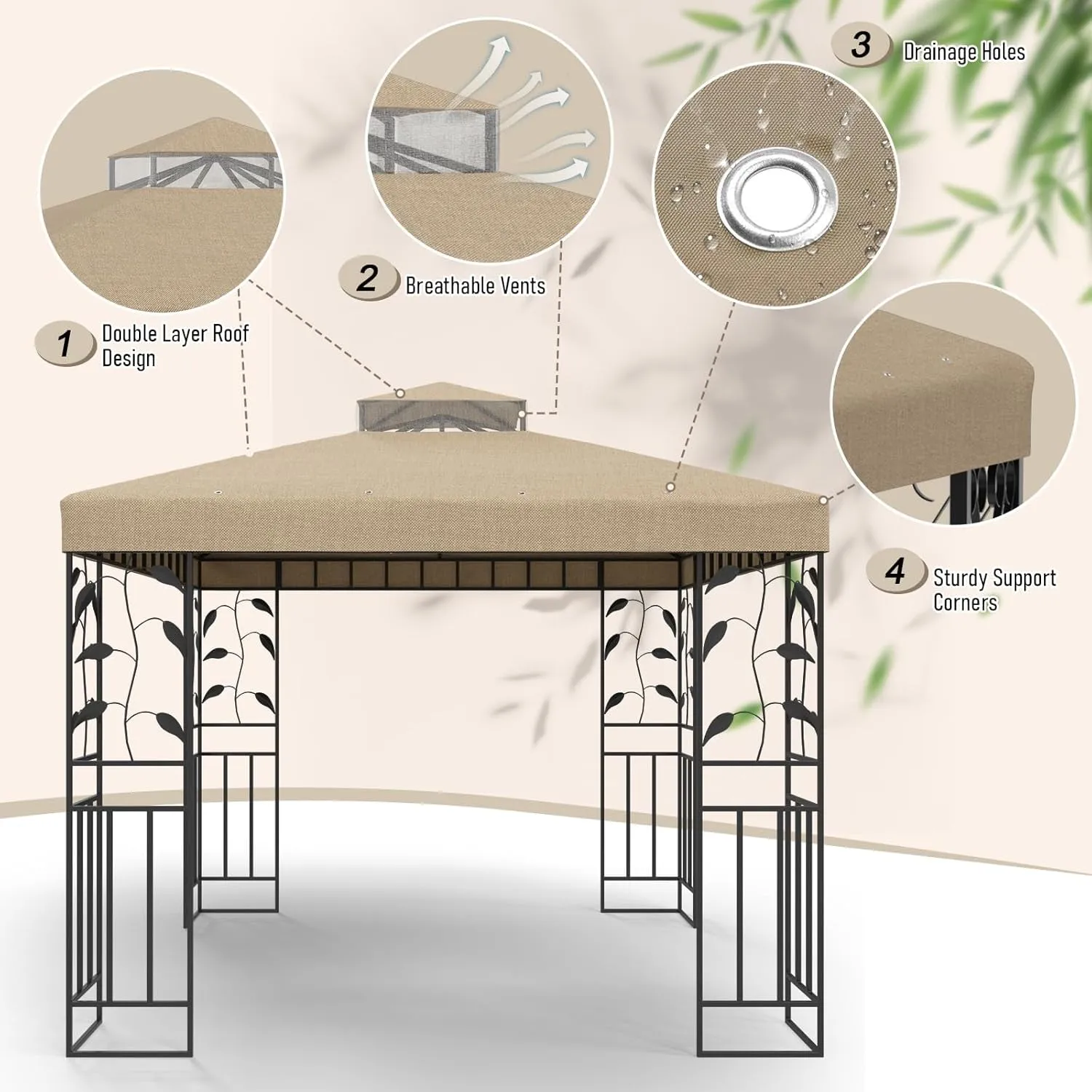 10X10 FT Grill Gazebo Canopy Replacement Top, Pavilion Sunshade Polyester Gazebo Cover with Air Vent, Grill Canopy for Yard Patio Garden & Outdoor BBQ (Khaki)