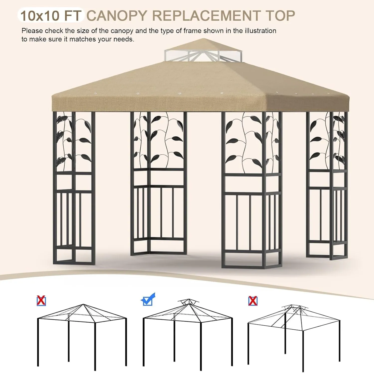 10X10 FT Grill Gazebo Canopy Replacement Top, Pavilion Sunshade Polyester Gazebo Cover with Air Vent, Grill Canopy for Yard Patio Garden & Outdoor BBQ (Khaki)