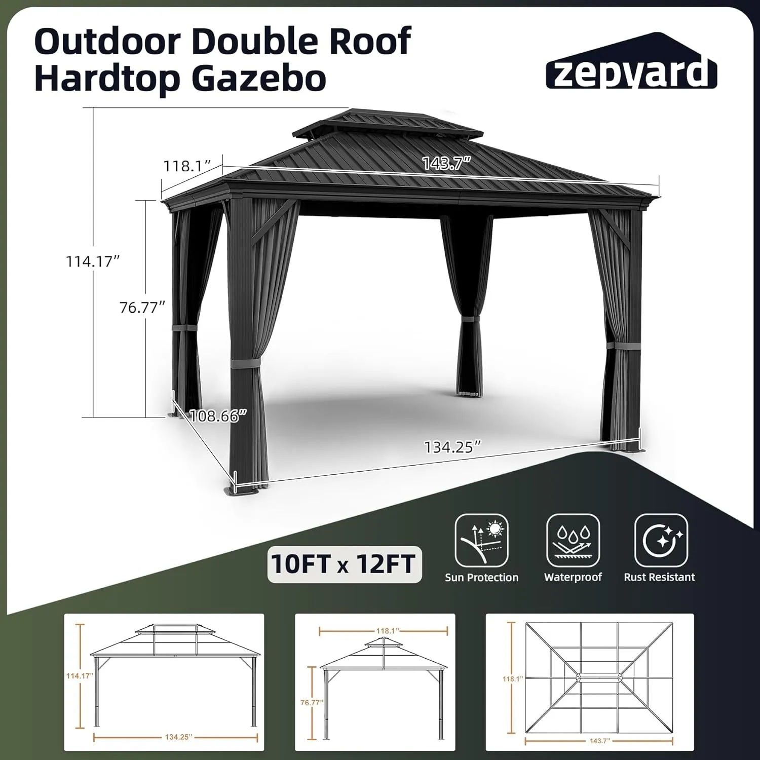 10X12 Hardtop Gazebo, Outdoor Metal Gazebo with Netting and Curtains, Double Galvanized Steel Roof, Patio Hard Top Gazebo for Backyard, Deck, Poolside (Grey)