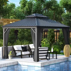 10X12 Hardtop Gazebo, Outdoor Metal Gazebo with Netting and Curtains, Double Galvanized Steel Roof, Patio Hard Top Gazebo for Backyard, Deck, Poolside (Grey)