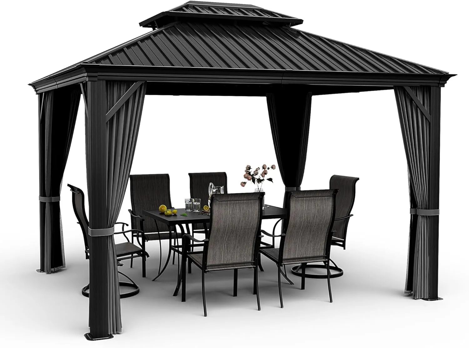 10X12 Hardtop Gazebo, Outdoor Metal Gazebo with Netting and Curtains, Double Galvanized Steel Roof, Patio Hard Top Gazebo for Backyard, Deck, Poolside (Grey)