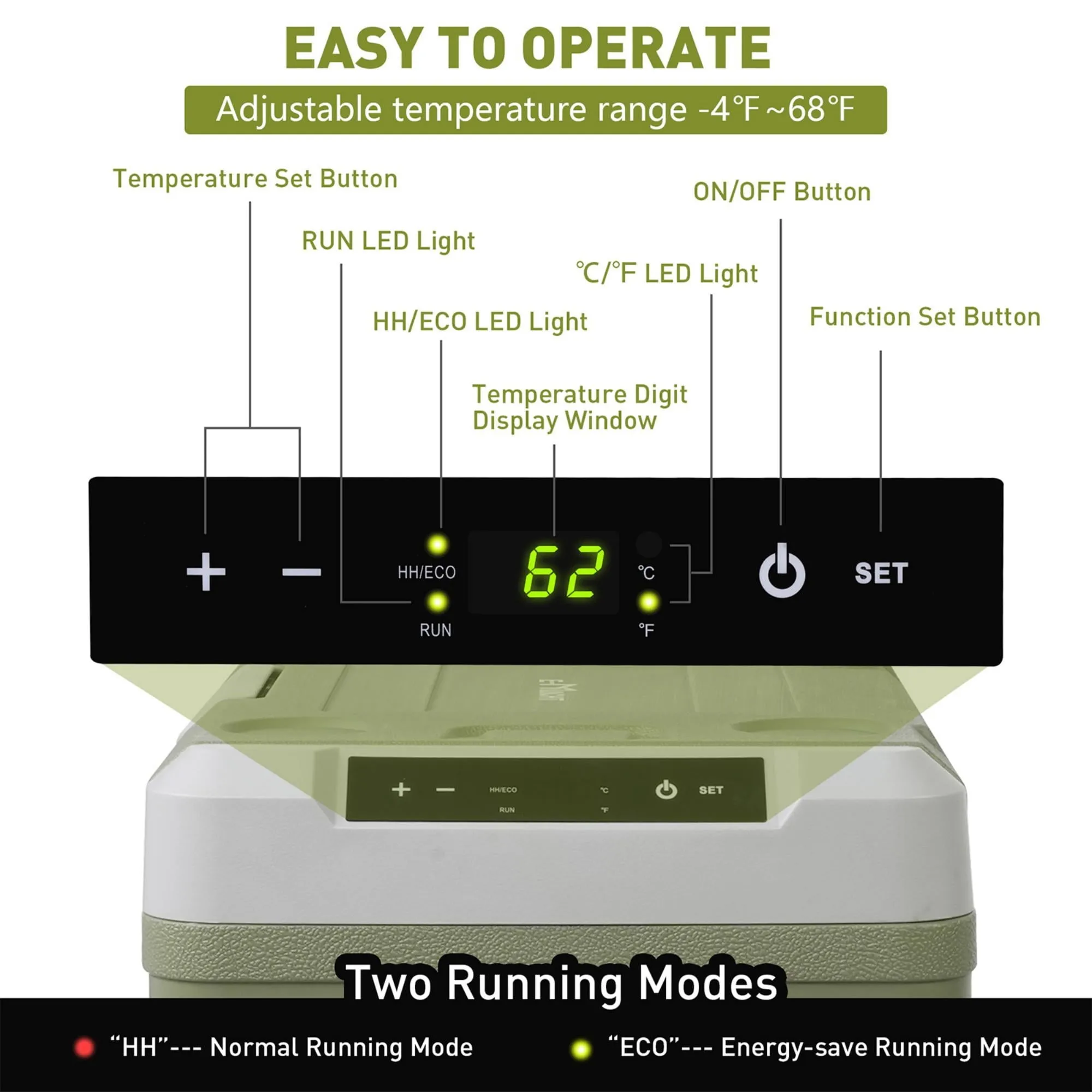 12 Volt Car Refrigerator, 45.4 Quart Portable Freezer Electric Cooler with 12V/24V DC, 100-240V AC, -4°F to 68°F, Compact Compressor for Car, RV, Camping, Travel, Fishing, Outdoor or Home, Green