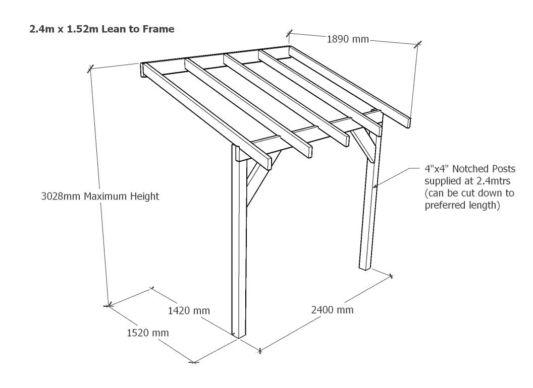 2.4m x 1.52m Wooden Lean to Canopy - Gazebo, Veranda - Frame Only Kit