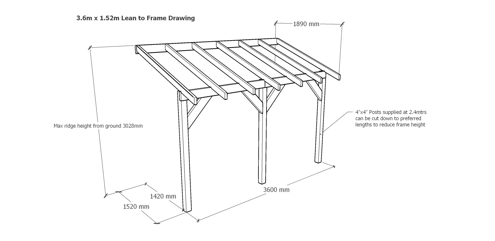 3.6m x 1.52m Wooden Lean to Canopy - Gazebo, Veranda - Frame Only Kit