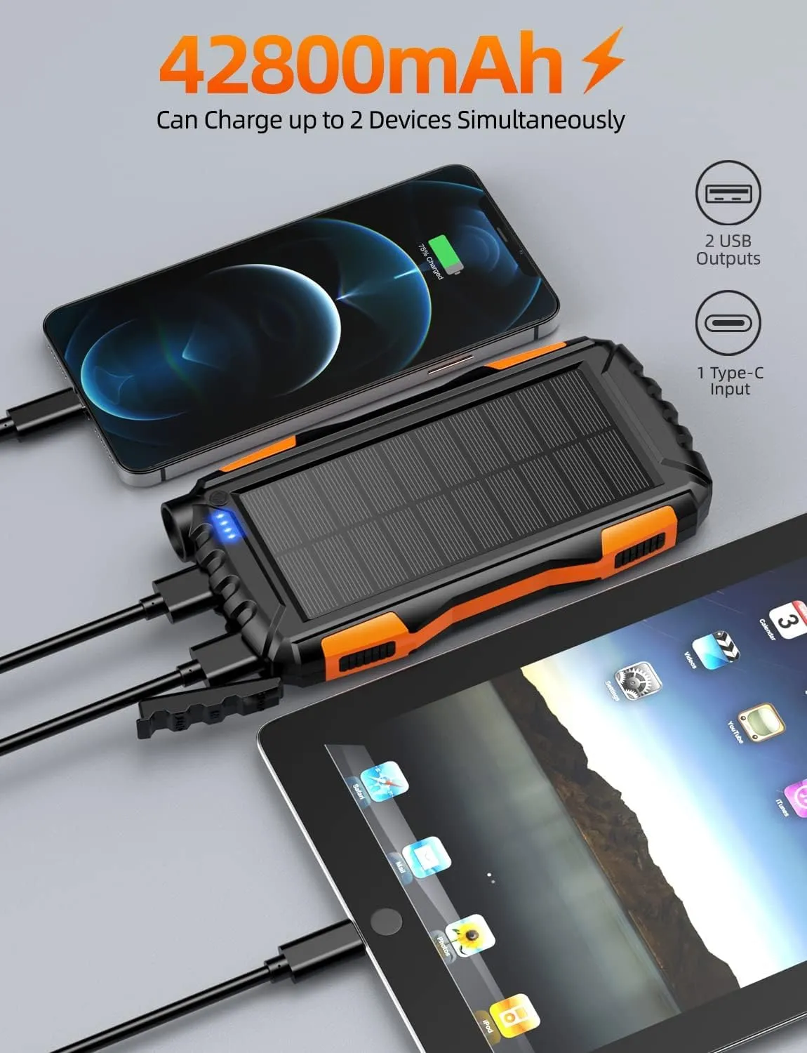 42800mAh Solar Power Bank Portable Fast Charger with Flashlight