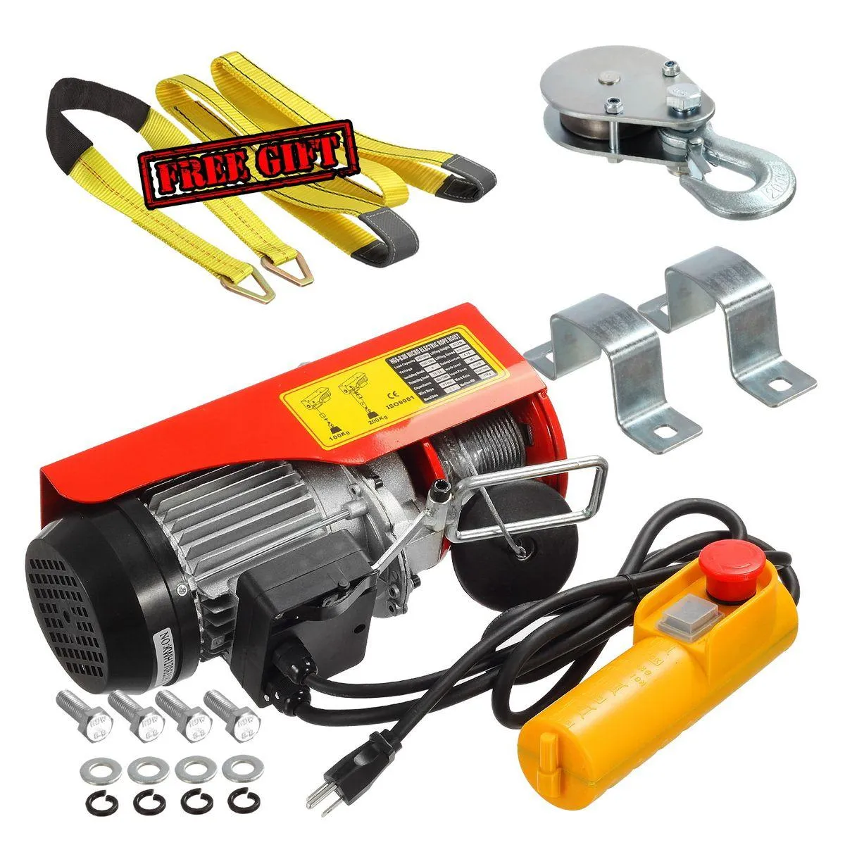 440 Lift Electric Hoist Crane Remote Control Power System, Zinc-Plated Steel Wire Overhead Crane Garage Ceiling Pulley Winch w/Straps (w/Emergency Stop Switch)