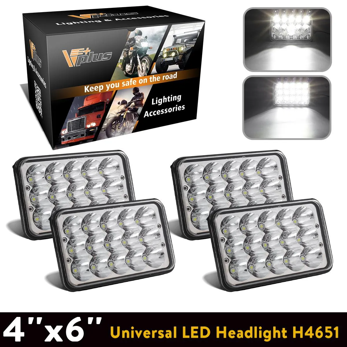 4PCS Partsam 4x6 LED Headlights Sealed Beam 6x4 Conversion Kit H4651 H4666 H4656 Compatible with Kenworth KW 900/Peterbilt 379/Truck/K10 K20 Van RV Camper Headlamp Assembly