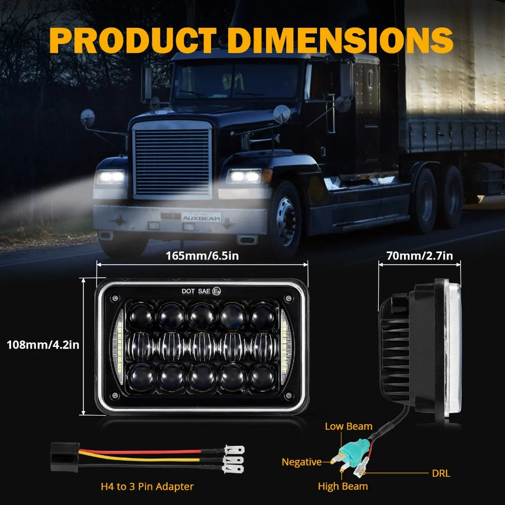 4x6 LED Headlights Rectangular Headlamps Hi/Lo Sealed Beam with DRL DOT Approved Replacement H4651 H4652 H4656 H4666 H6545 Compatible with Peterbil Kenworth Freightliner Ford Trucks