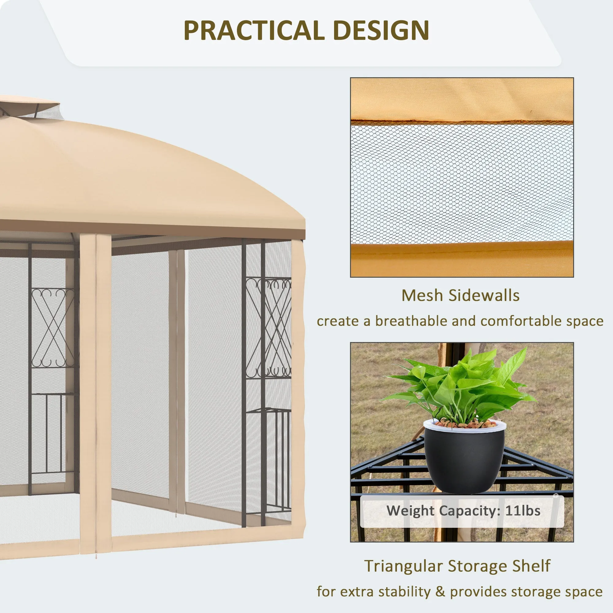 Adel 10 x 10 ft Patio Gazebo with Corner Shelves - Beige