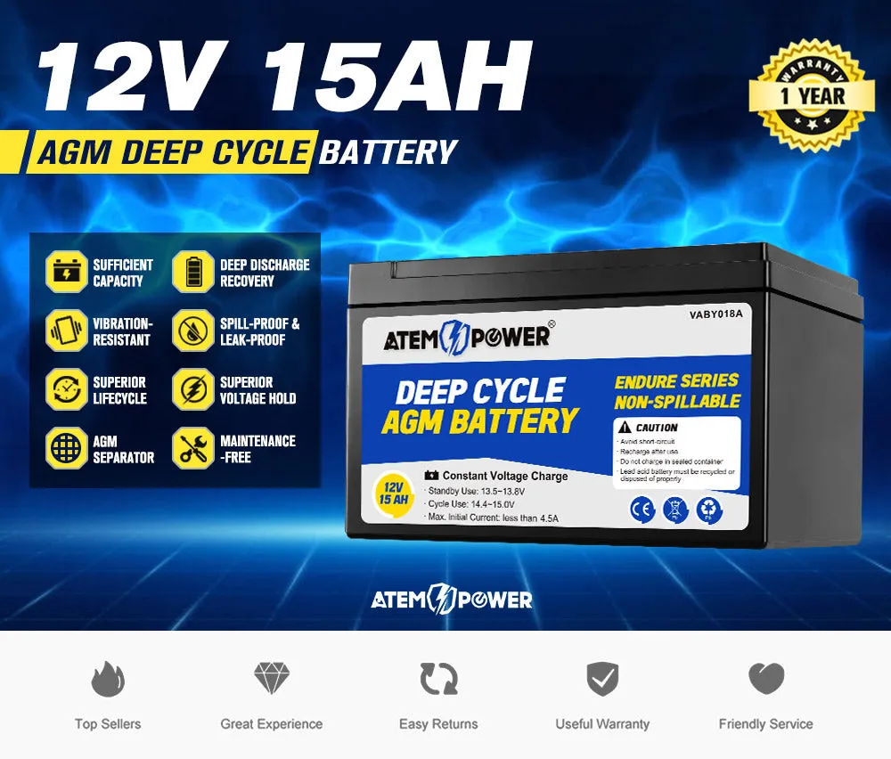 Atem Power 15AH 12V AGM Battery Deep Cycle Camping Marine 4WD Solar SLA Lead Acid