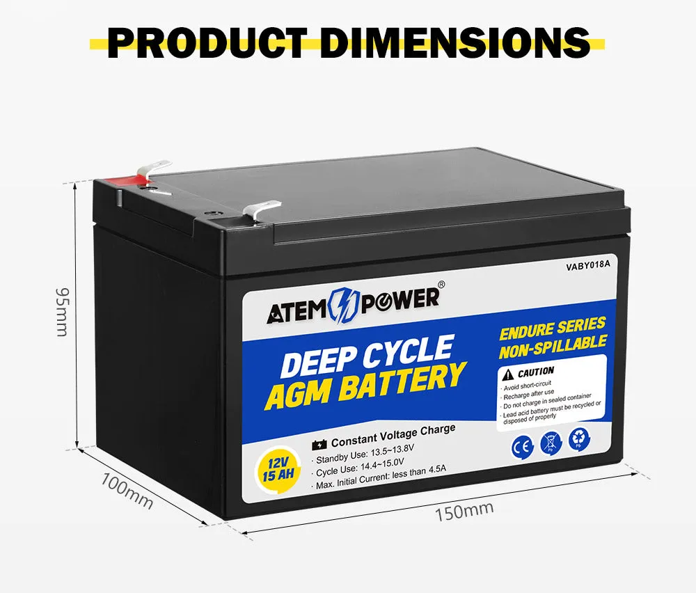 Atem Power 15AH 12V AGM Battery Deep Cycle Camping Marine 4WD Solar SLA Lead Acid