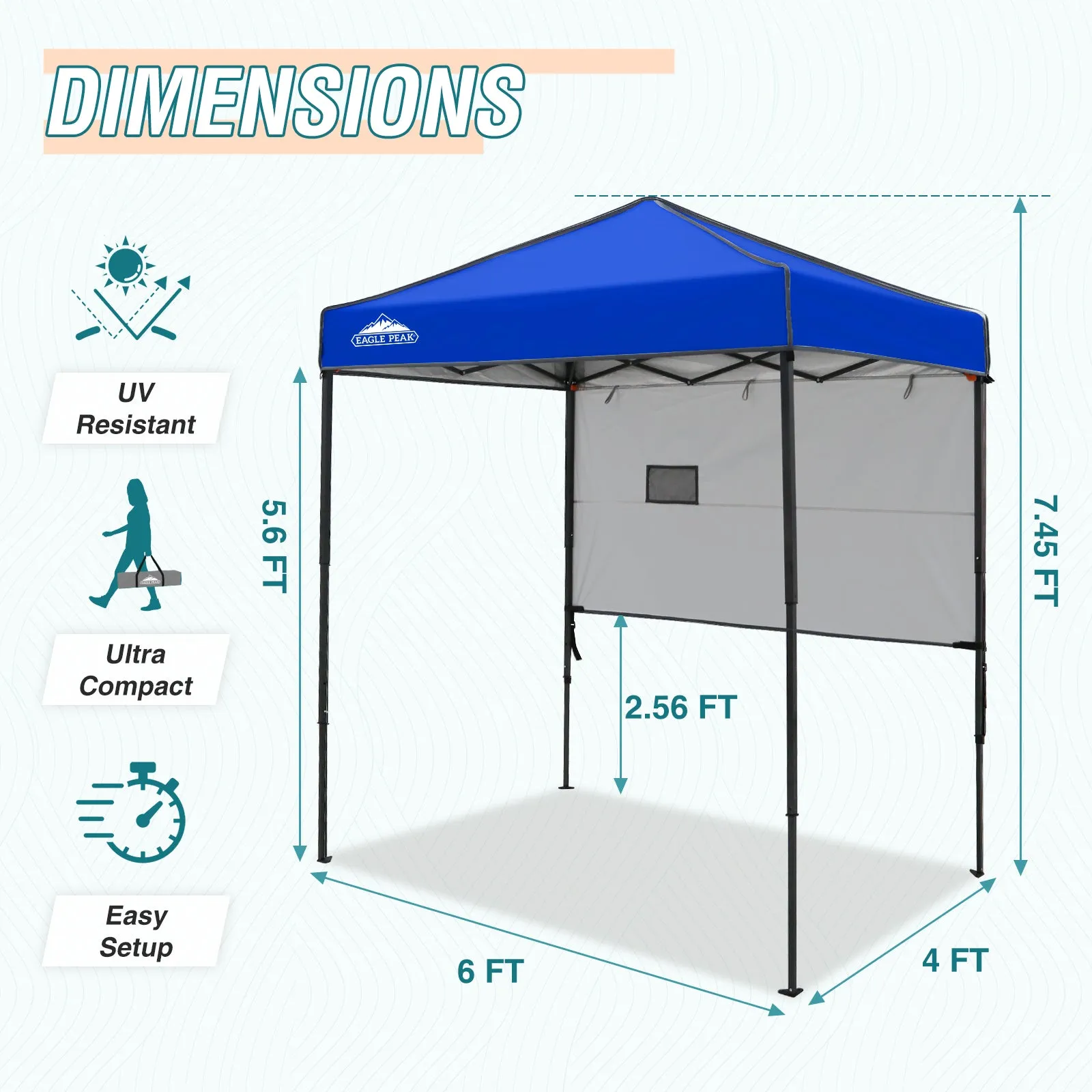 EAGLE PEAK Instant Pop Up Canopy with Adjustable Sun Wall 6x4 ft, Straight Lightweight Compact Portable Tent with Carry Bag