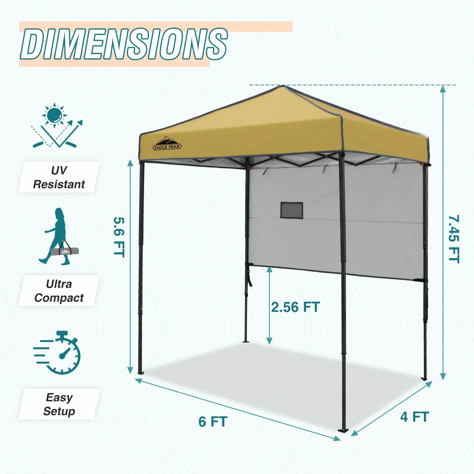 EAGLE PEAK Instant Pop Up Canopy with Adjustable Sun Wall 6x4 ft, Straight Lightweight Compact Portable Tent with Carry Bag