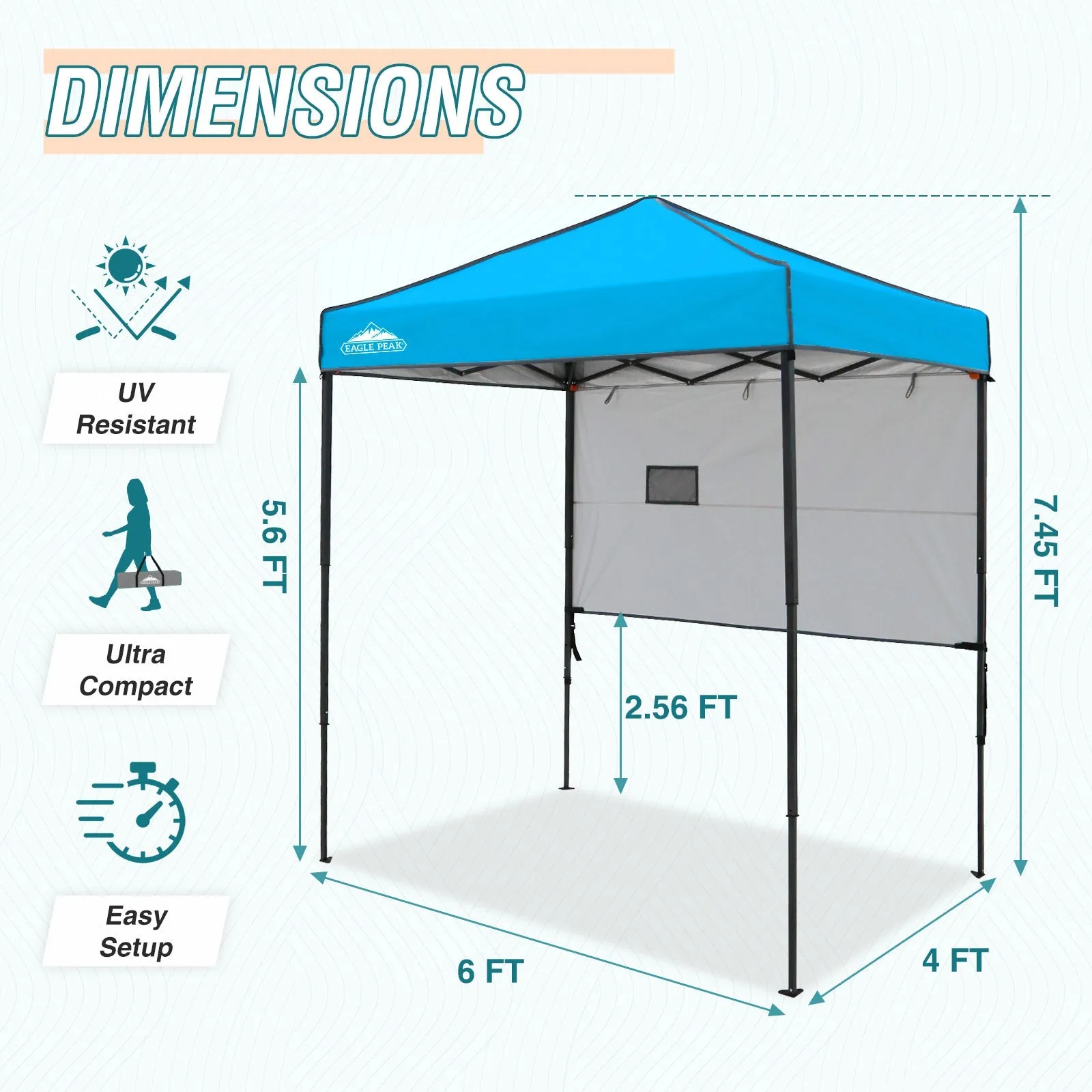 EAGLE PEAK Instant Pop Up Canopy with Adjustable Sun Wall 6x4 ft, Straight Lightweight Compact Portable Tent with Carry Bag