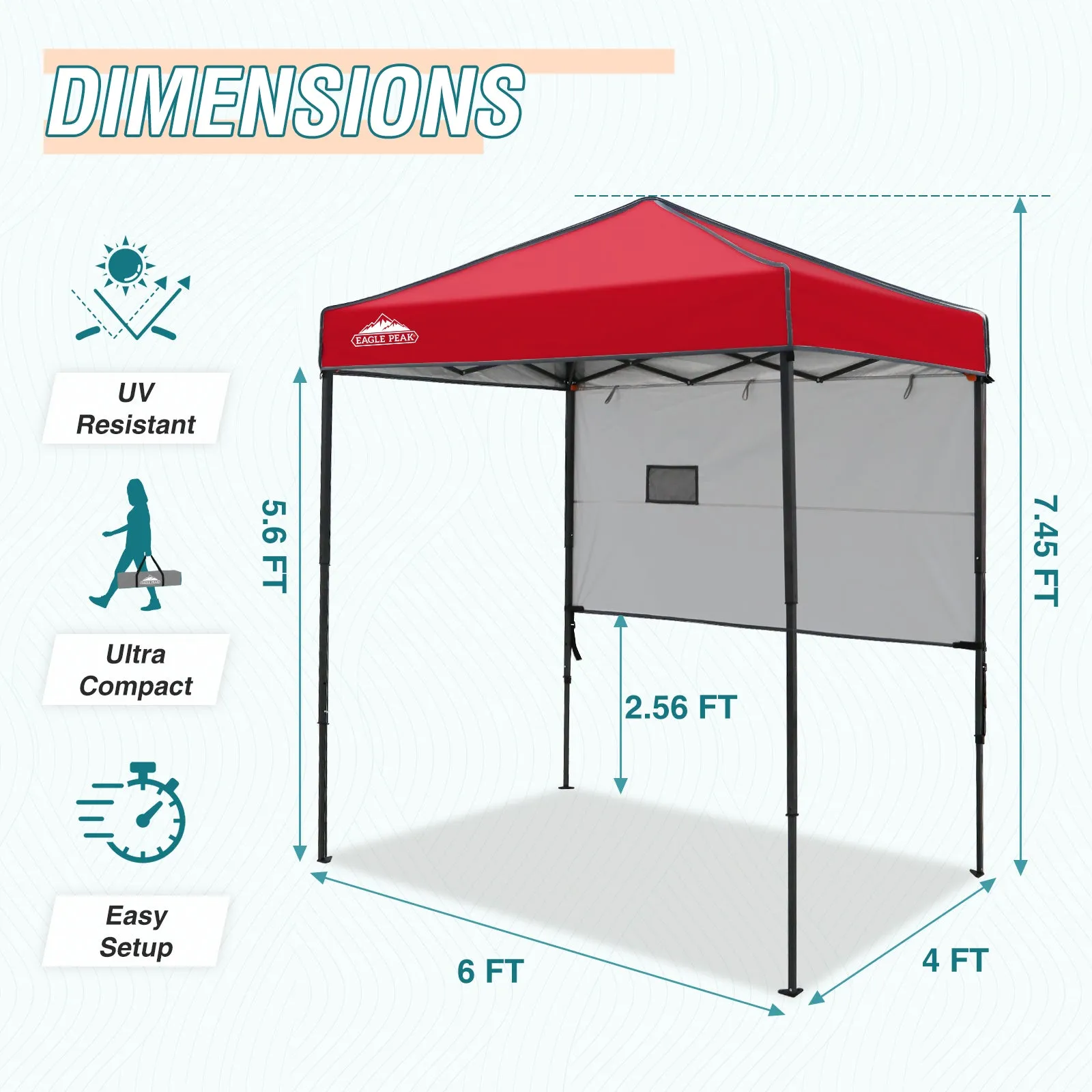 EAGLE PEAK Instant Pop Up Canopy with Adjustable Sun Wall 6x4 ft, Straight Lightweight Compact Portable Tent with Carry Bag