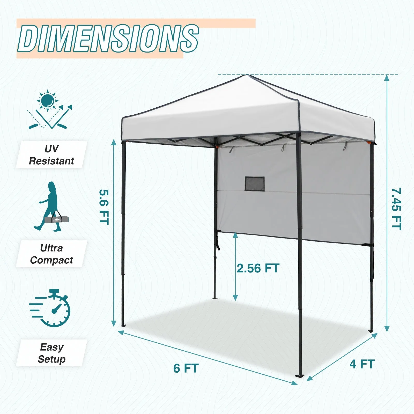 EAGLE PEAK Instant Pop Up Canopy with Adjustable Sun Wall 6x4 ft, Straight Lightweight Compact Portable Tent with Carry Bag