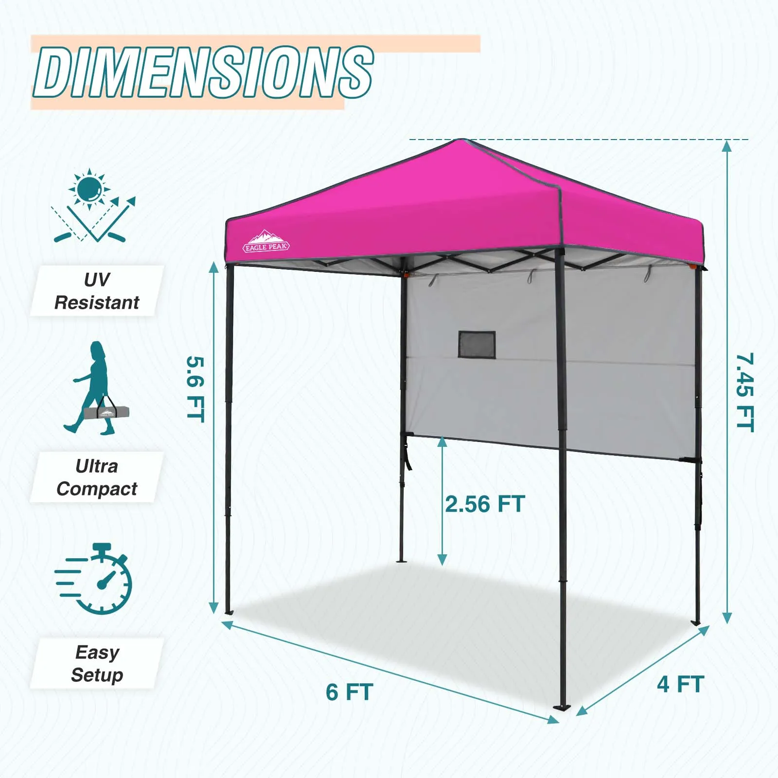 EAGLE PEAK Instant Pop Up Canopy with Adjustable Sun Wall 6x4 ft, Straight Lightweight Compact Portable Tent with Carry Bag