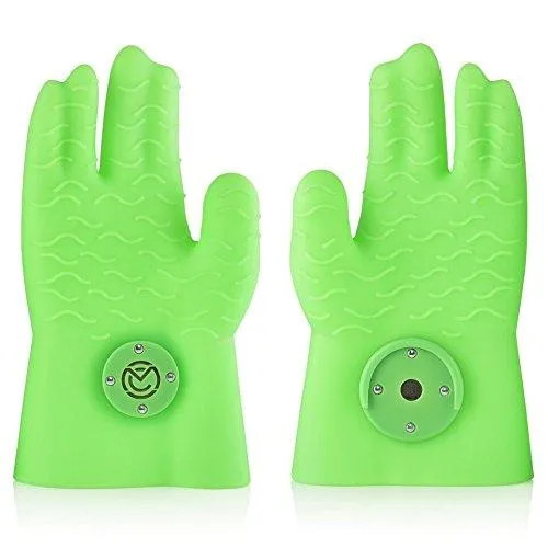 MagneChef Ez On-Ez Off BBQ Magnet Glove/Mitt Patented; Glow in the dark; Grip Waves, Heat/ Water Resistant, Food Grade Silicone Cooking Glove Grilling, Frying, Baking, Smoking, Dishwasher Safe-- Green