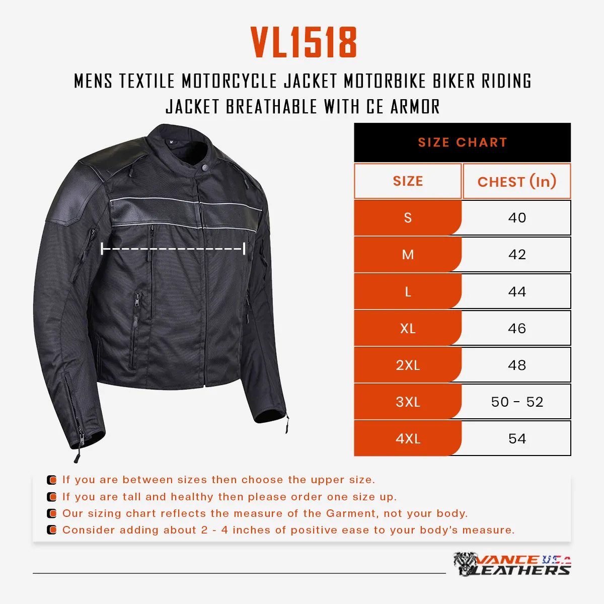 Men's VL1518 Textile Motorcycle Jacket Motorbike Biker Riding Jacket Breathable with C.E. Armor