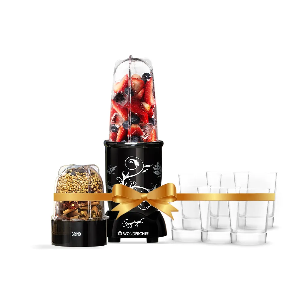 Nutri-blend Black 2 Jar   Crystal Glasses Set of 6, Gift Combo, For Family and Friends, Gift for Diwali and Other Festivals, House Warming