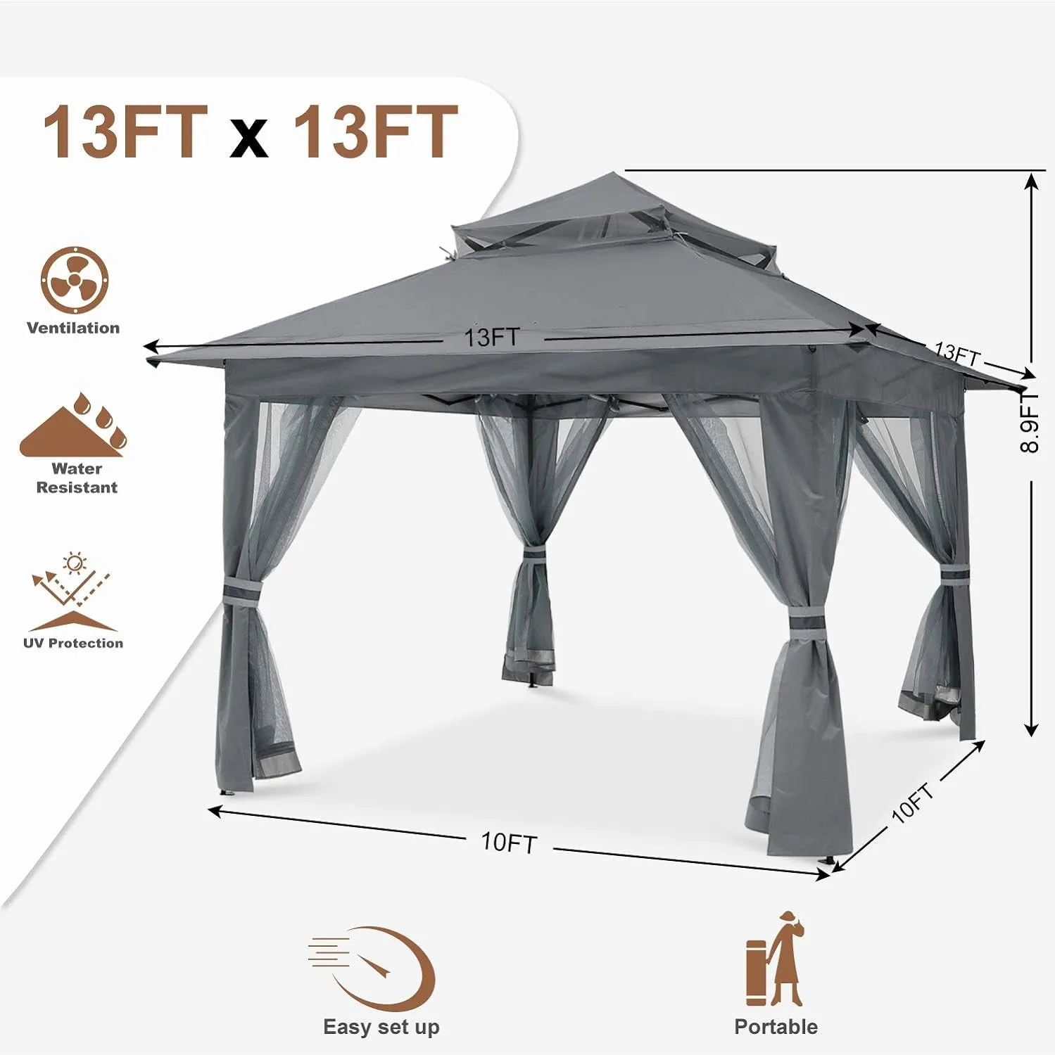 Patio Gazebo Outdoor Pop up Gazebo with Mesh Walls (13X13 Dark Gray)