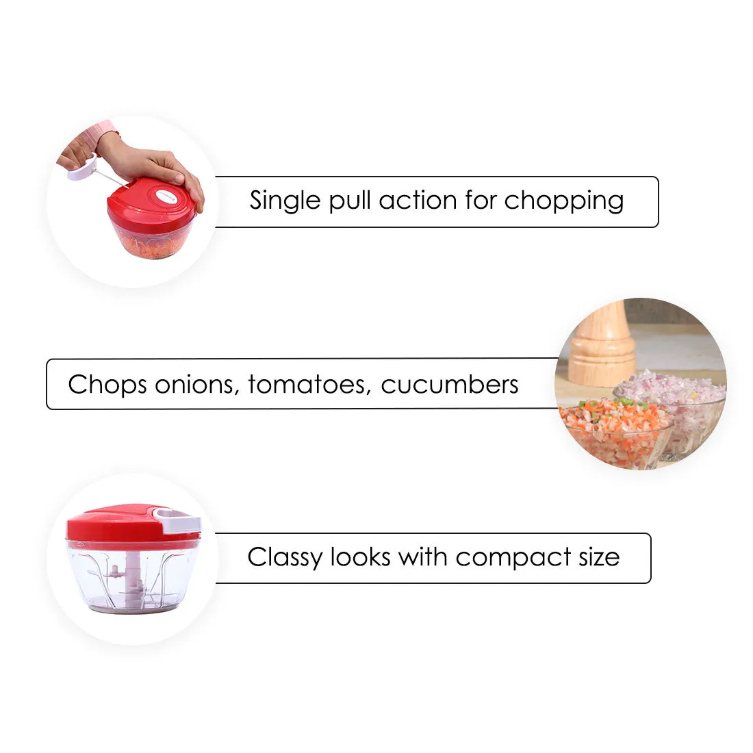 Platinum String Chopper with 3 Sharp Stainless Steel Blade 450 ml, Anti Slip Silicone, Compact, White and Red, 1 Year Warranty