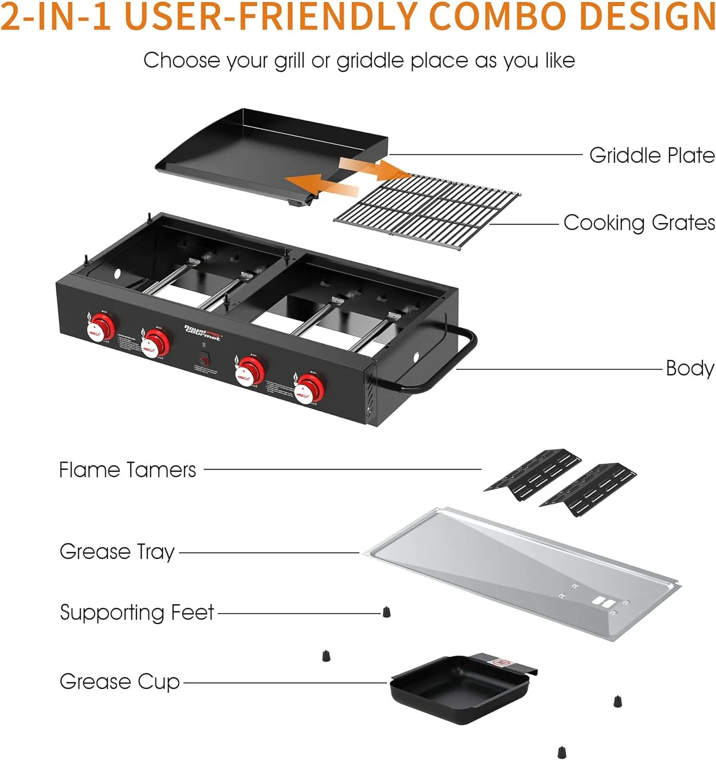 Royal Gourmet GD4002T 4-Burner Tailgater Grill & Griddle Combo, Portable Propane Gas Grill and Griddle, 2-in-1 Combo Design for Backyard or Outdoor BBQ Cooking, 40,000 BTU, Black