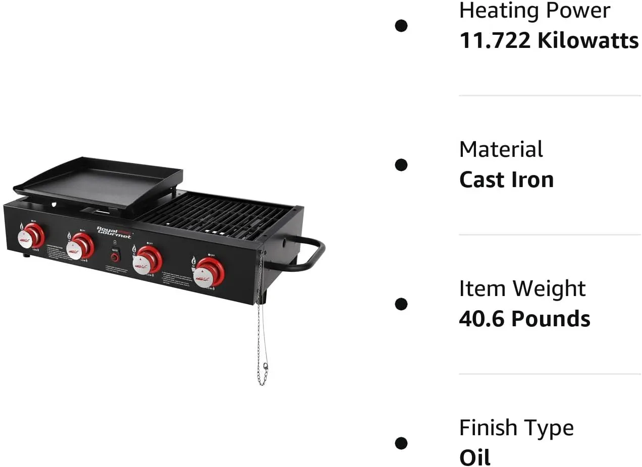 Royal Gourmet GD4002T 4-Burner Tailgater Grill & Griddle Combo, Portable Propane Gas Grill and Griddle, 2-in-1 Combo Design for Backyard or Outdoor BBQ Cooking, 40,000 BTU, Black