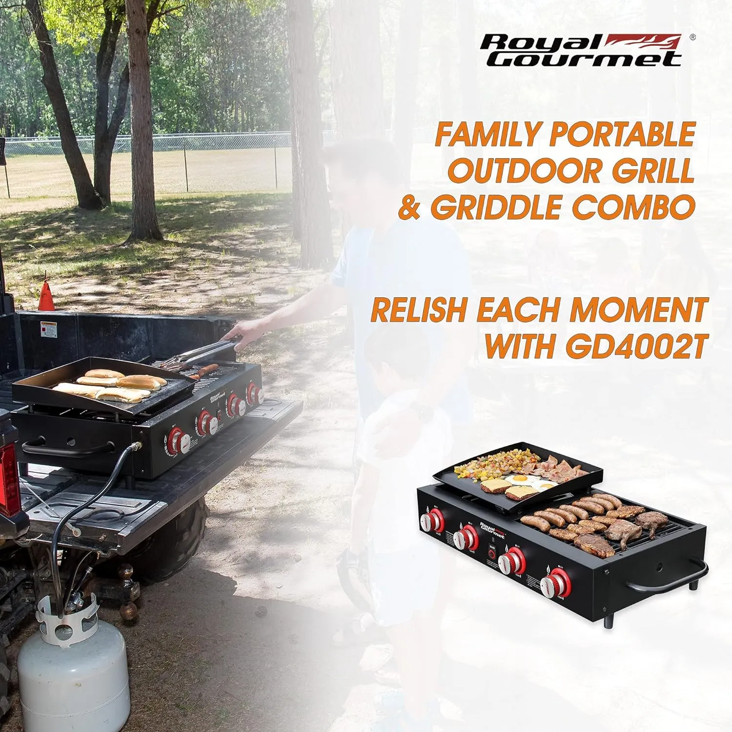 Royal Gourmet GD4002T 4-Burner Tailgater Grill & Griddle Combo, Portable Propane Gas Grill and Griddle, 2-in-1 Combo Design for Backyard or Outdoor BBQ Cooking, 40,000 BTU, Black