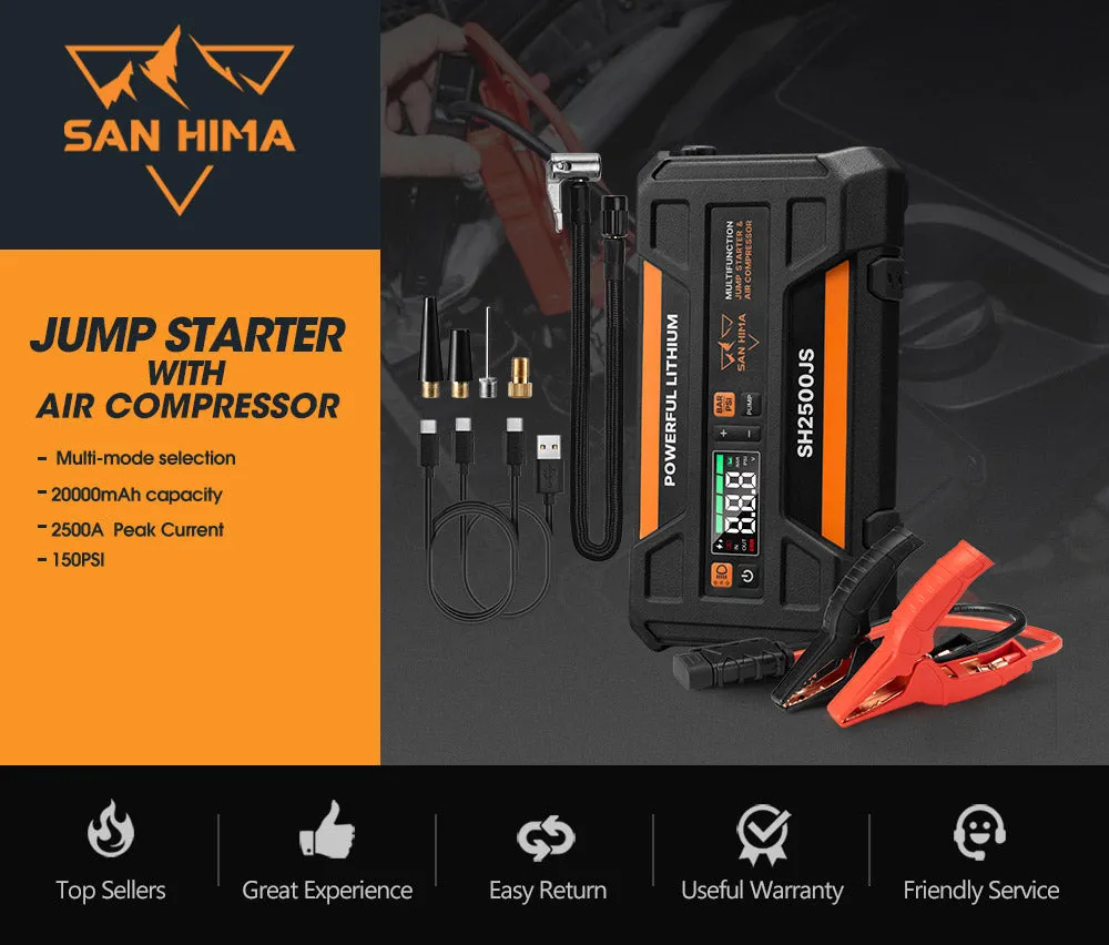 San Hima Jump Starter With Air Compressor 2500A Portable 12V Power Bank Pack