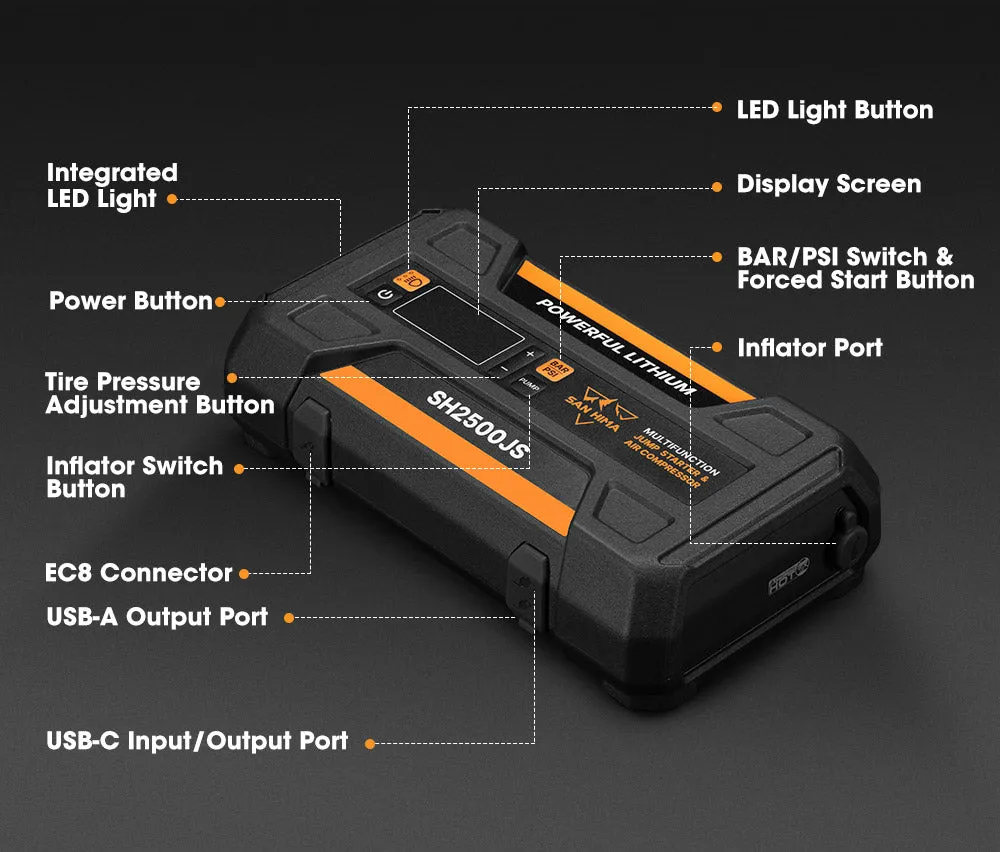 San Hima Jump Starter With Air Compressor 2500A Portable 12V Power Bank Pack