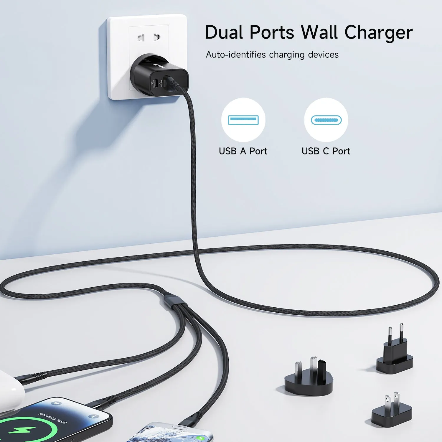 Tough On 30W Dual Port Universal Travel Fast Wall Charger with 3 in 1 Charging Cable