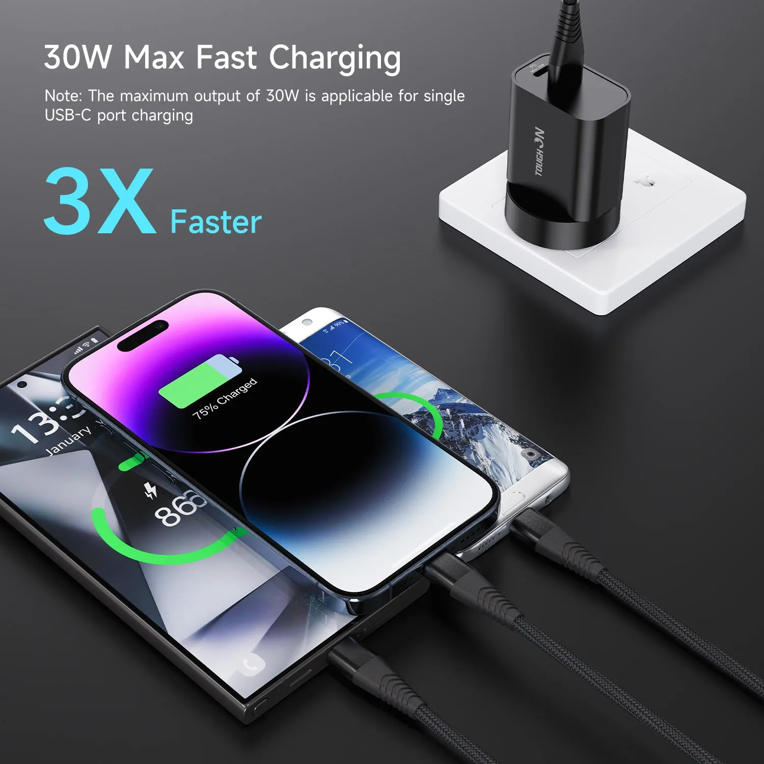 Tough On 30W Dual Port Universal Travel Fast Wall Charger with 3 in 1 Charging Cable