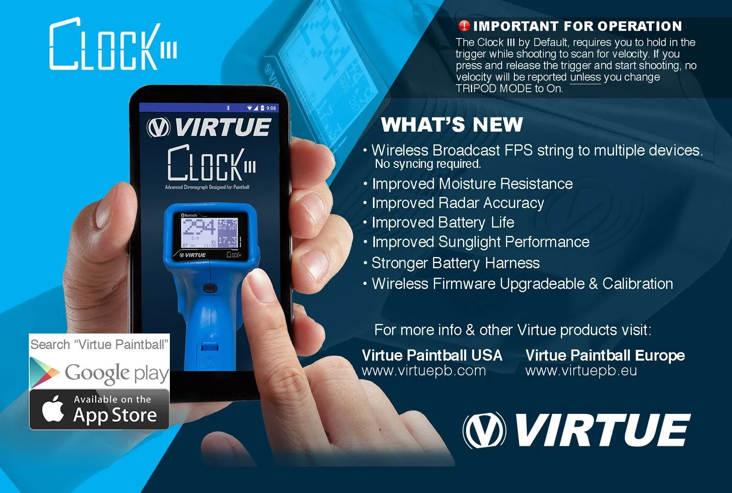 Virtue Clock III Paintball Chronograph - Cyan